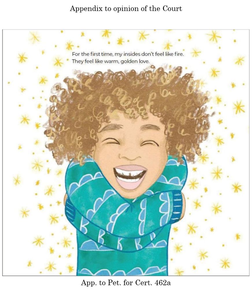 Image from Alito majority opinion, a page from "Born Ready" showing a child looking happy, with text: "For the first time, my insides don't feel like fire. They feel like warm, golden love."