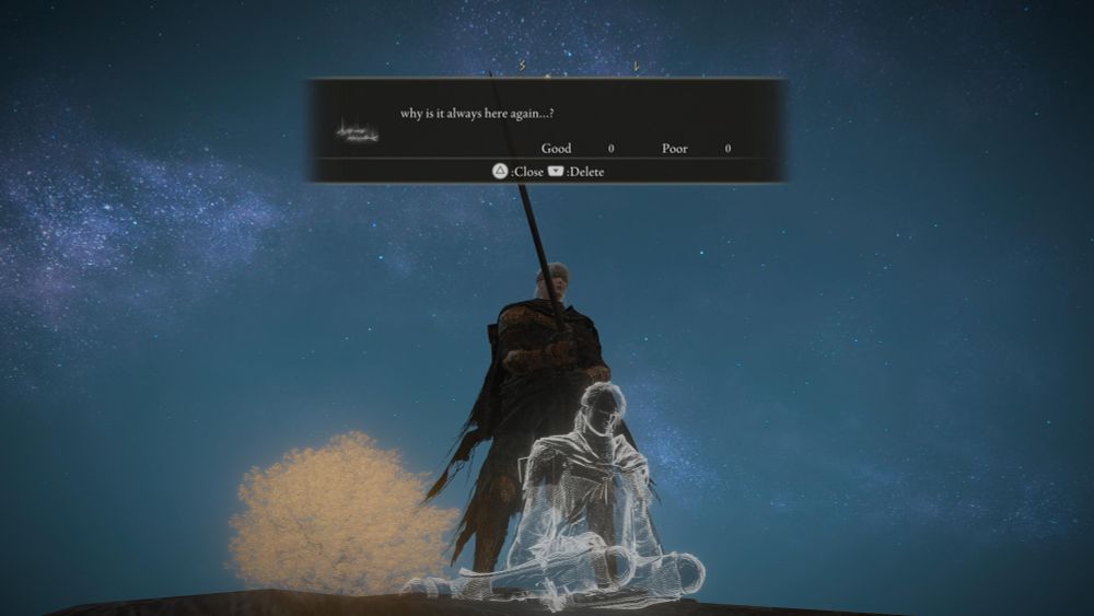 A tarnished pauses during their quest for the Elden Ring to lament the need to farm for crafting materials required to play co-op. A message they left at a popular farming spot read “why is it always here again…?”