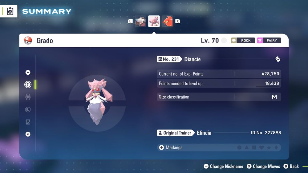 Screenshot of Pokémon Legends: Z-A, showing a Diancie caught in a Sport Ball