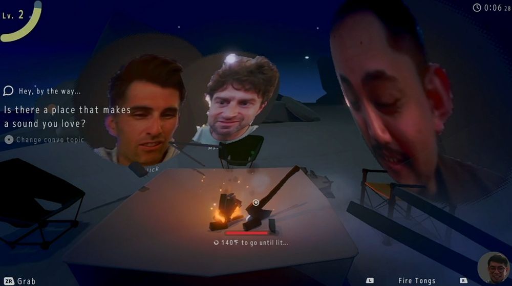 3 giant heads in chillin by the fire 