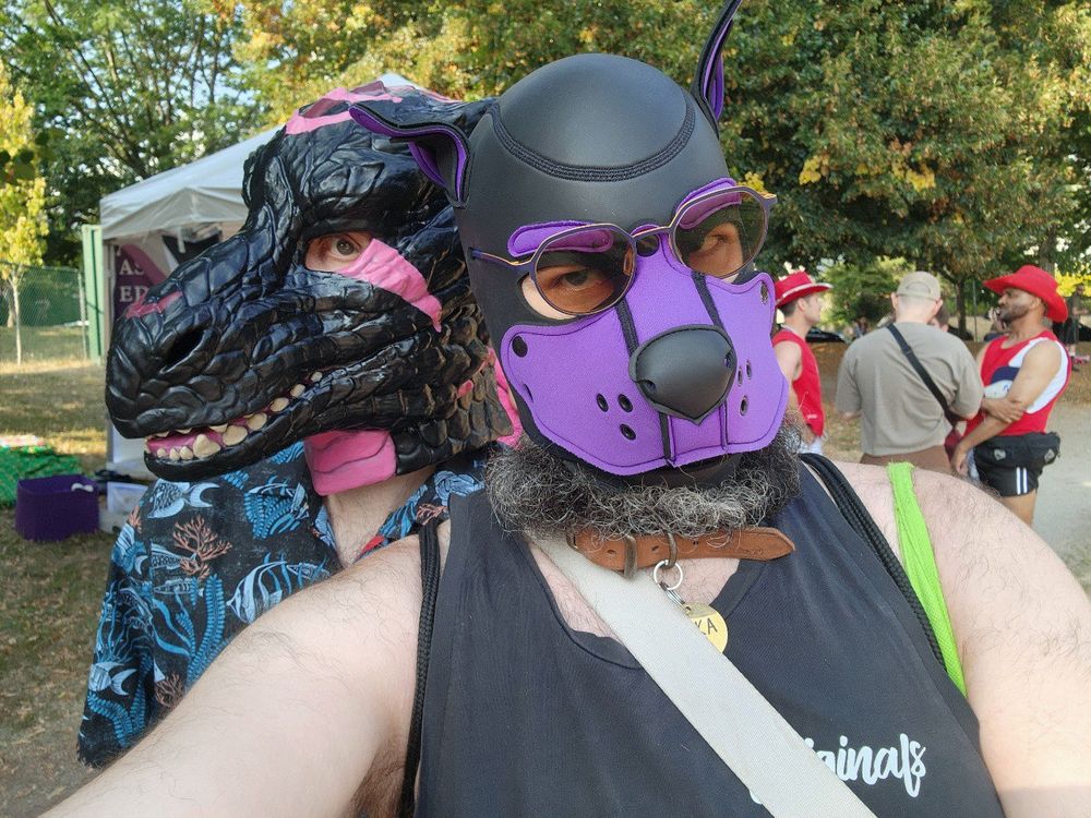 Two animals, one rubber dragon and one pup, pose for a selfie at Vancouver pride 2025.