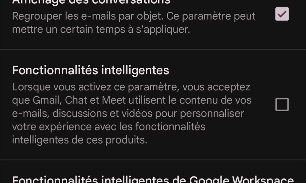 Capture d'écran des paramètres Gmail montrant la case à décocher pour empêcher gemini de scanner nous mails 