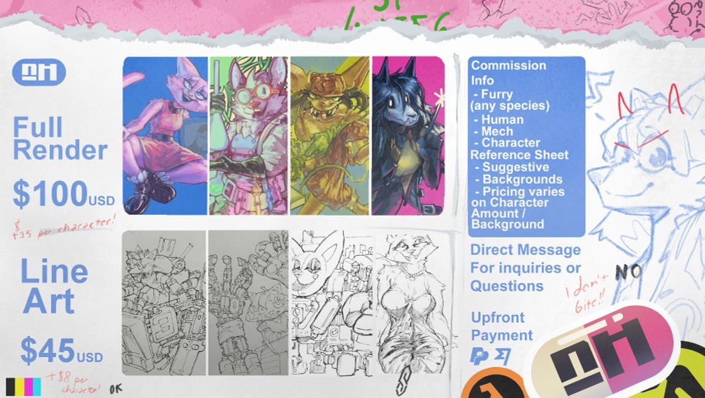 Closeup of the commission sheet displaying the prices, with vandalism and sketches done around the illustration. 