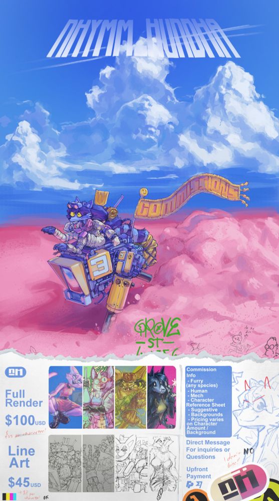Full commission sheet illustration of the artist's character riding in a pink desert under a blue sky with clouds in the back. showing underneath a ripped cutout of illustration cutouts and text informing of the prices for the commissions/ details, fully vandalized alongside the above illustration