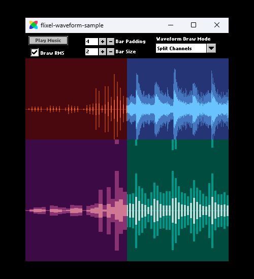 Window of the flixel-waveform sample that shows 4 waveforms, differing in colors, bar sizes and spacing