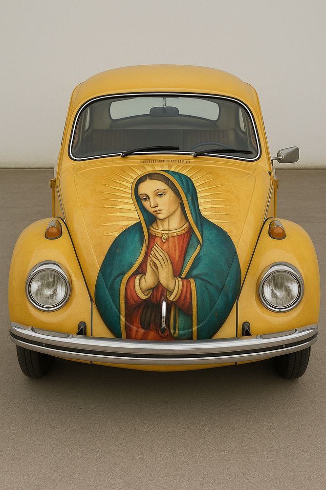 Ein gelber VW Käfer in Frontalansicht. Auf der Motorhaube prangt ein Bild der Gottesmutter Maria. 
KI-generiert