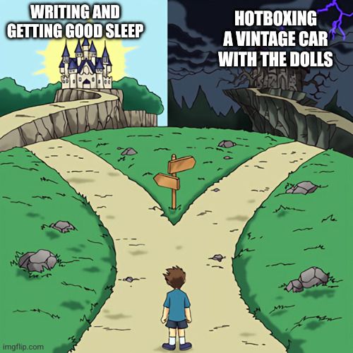two castles meme: the sunny castle has a caption reading "WRITING AND GETTING GOOD SLEEP", the nightmare castle reads "HOTBOXING A VINTAGE CAR WITH THE DOLLS"