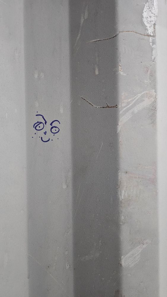 a hastily scribbled smiley face with freckles, a nose, and eyebrows