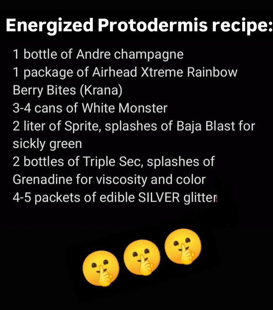 Energized Protodermis recipe:
1 bottle of Andre Champagne
1 package of Airhead Xtreme Rainbow Berry Bites (Krana)
3-4 cans of White Monster
2 liter of Sprite, splashes of Baja Blast for sickly green
Grenadine for viscosity and color
4-5 packets of edible SILVER glitter
three emojis of a finger in front of lips