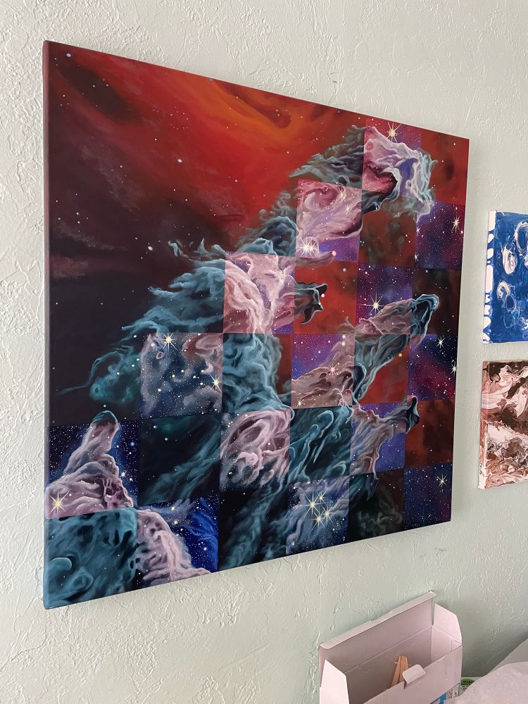30x30” oil painting of the pillars of creation. Two JWST images are woven together in a checkerboard pattern showing what the nebula looks like in different parts of the infrared portion of the electromagnetic spectrum.