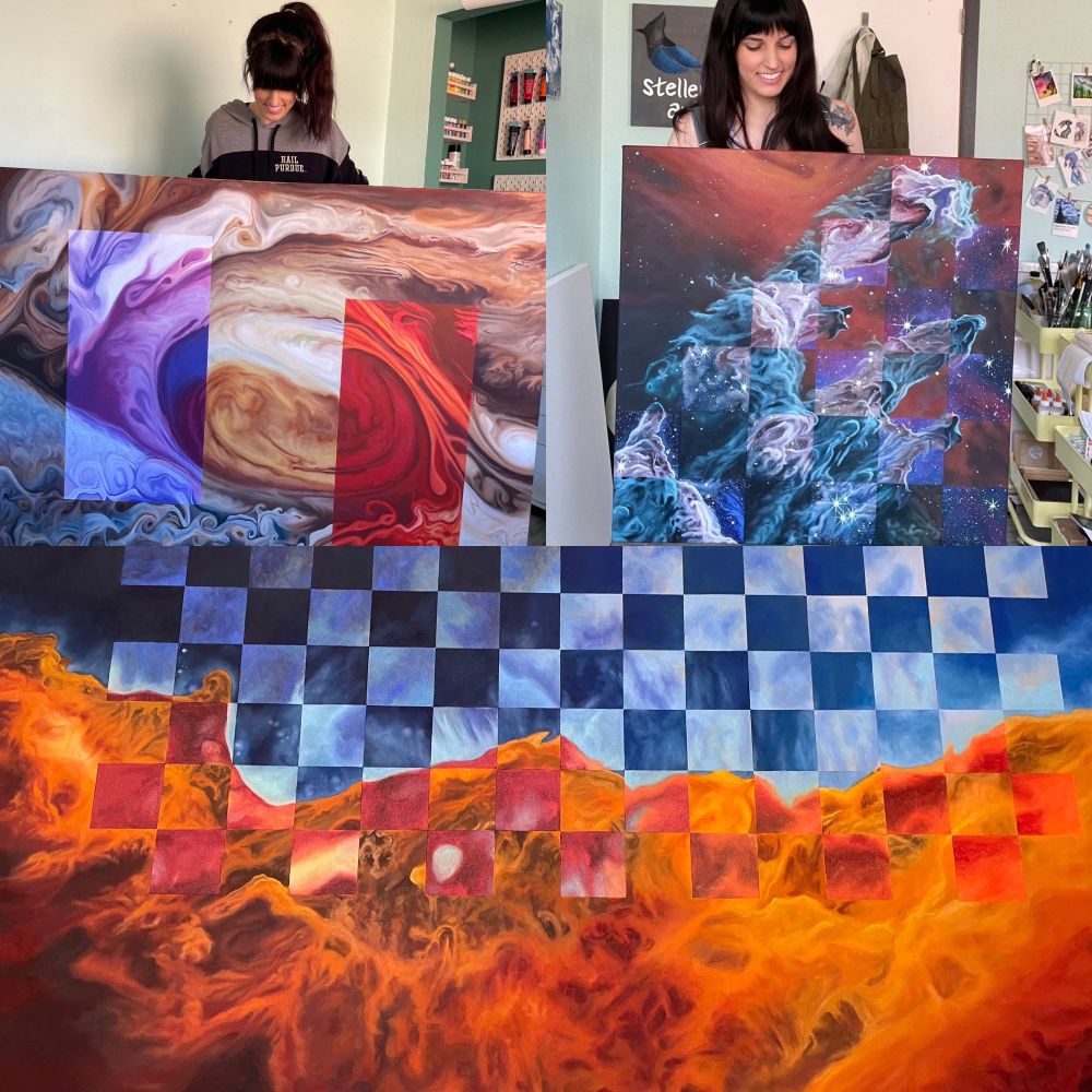 Three paintings, from top left: (1) Jupiter’s Great Red Spot with a rectangle of ultraviolet in purple & a rectangle of infrared, (2) Pillars of Creation in a checkerboard pattern (3) Cosmic Cliffs (not finished yet)