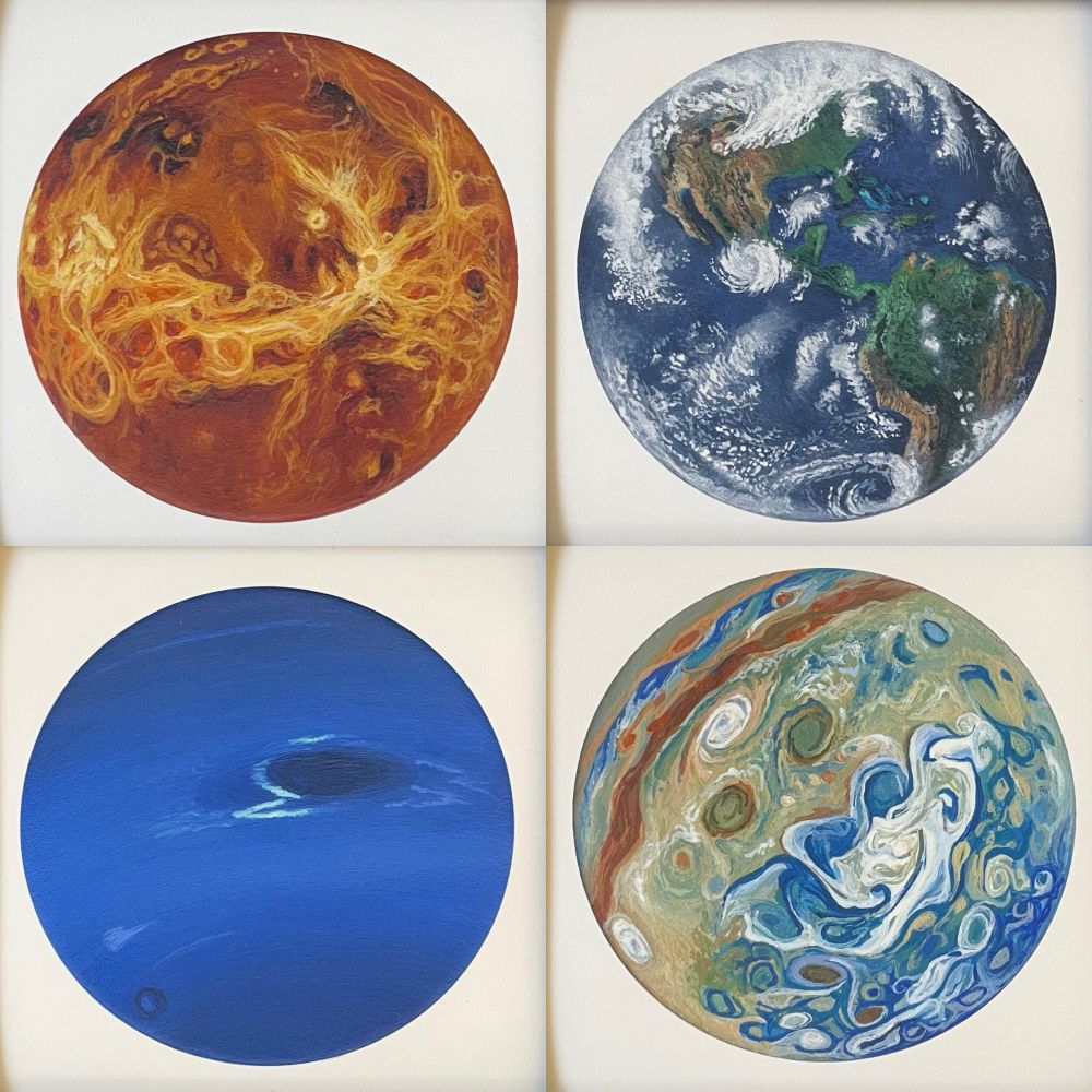 Four mini prints of my paintings on clay of Venus’s surface, Earth, Neptune, and Jupiter’s pole. 