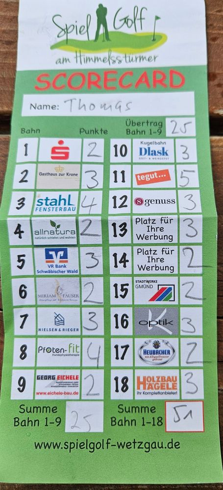 Bild zeigt meine Scorecard vom Spielgolf Wetzgau mit einer Gesamtzahl von 51 Schlägen bei 18 Löchern und einer Schlagzahl von 5 beim Loch 11.