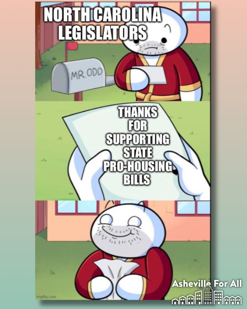 An internet cartoon strip shows a man receiving a letter in his mailbox. The letter says: “Thanks for supporting state pro-housing bills.” In the final panel, the man is beaming after having read the letter.