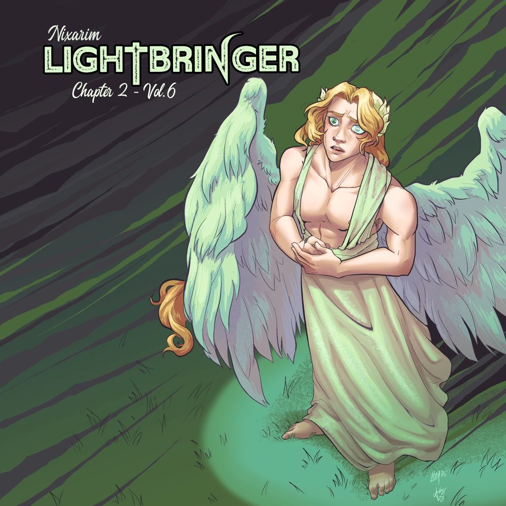 Portada del volumen 6 de Lightbringer en inglés, en donde se ve al ángel Hanael mirando con preocupación hacia el cielo. Es un ángel largo cabello rubio y alas blancas, vestido con una túnica blanca que deja buena parte de su pecho descubierto