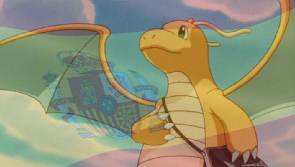 Imagen del Pokémon Dragoniten con una de las zarpas en el pecho y la bandera de España de fondo