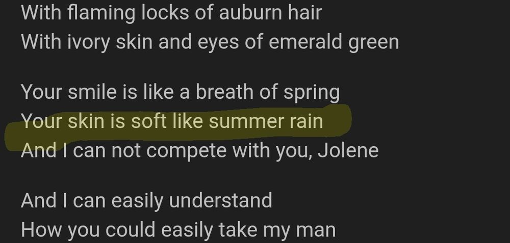 An incorrect lyric to "Jolene" retrieved from an LLM says "your skin is soft like summer rain"