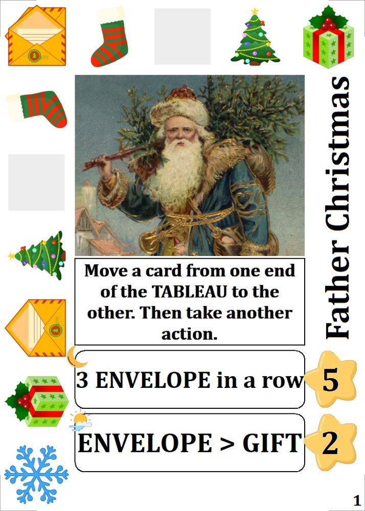Father Christmas card, in his classic blue suit. "Move a card from one end of the TABLEAU to the other. Then take another action." Goals: 3 Envelopes in a row, or Envelope > Gift. Surrounded by icons like gifts and snowflakes.