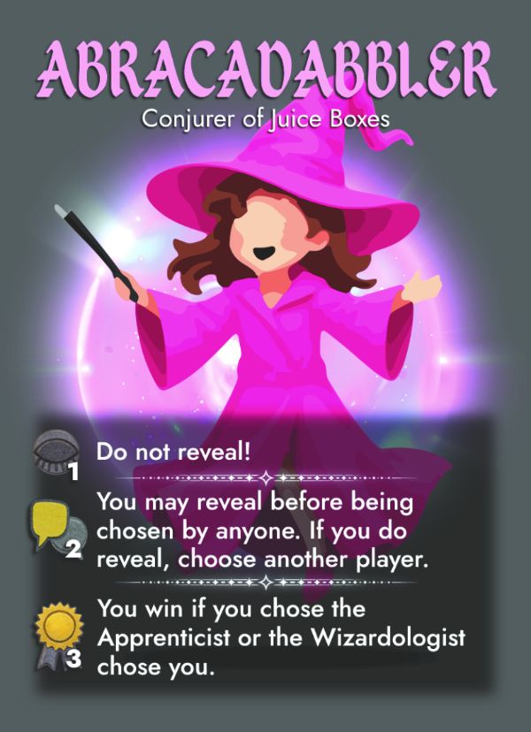 Abracadabbler: Conjurer of Juice Boxes
Do not reveal!	You may reveal before being chosen by anyone. If you do reveal, choose another player.	You win if you chose the Apprenticist or the Wizardologist chose you.
Image: A young girl in pink oversized wizard robes and hat with a white-tipped magician's wand, leaping in the air with excitement.