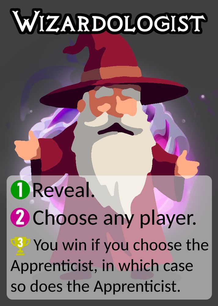 Mockup of the Wizardologist card with close-to-final art, translucent text block with 1-2-3 phases and black text, and a basic white title bar with the character's name at the top.