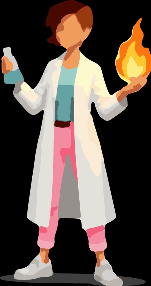 Final art of the Transmutician, a non-binary scientist in a white lab coat with a light blue top and pink pants holding a beaker in their right hand and a ball of flame in their left.