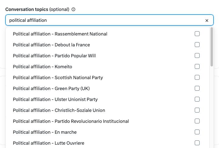 "Conversation topics" curated by X for advertisers. Among those we find "political affiliation - Rassemblement National" alongside other parties