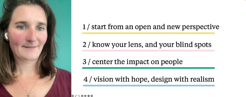 Lotte Jacobse's slide on what you can do as an individual designer (from her KRUPA design conference keynote):

1. Start from an open and new perspective
2. Know your lens, and your blind spots
3. Center the impact on people
4. Vision with hope, design with realism