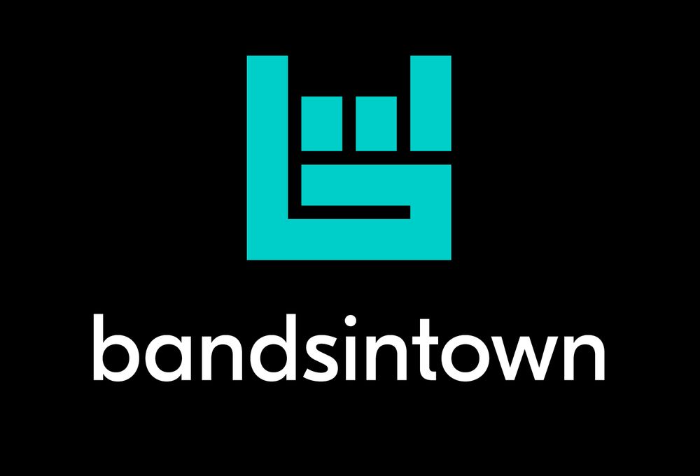 Bandsintown lockup. Icon: light cyan “Heavy Metal Horns” gesture that also doubles as a “b” with a stylized audio bar visualizer above it, composed entirely of rectangular shapes. Logotype below: “bandsintown”, typeset in a a generic geometric sans.