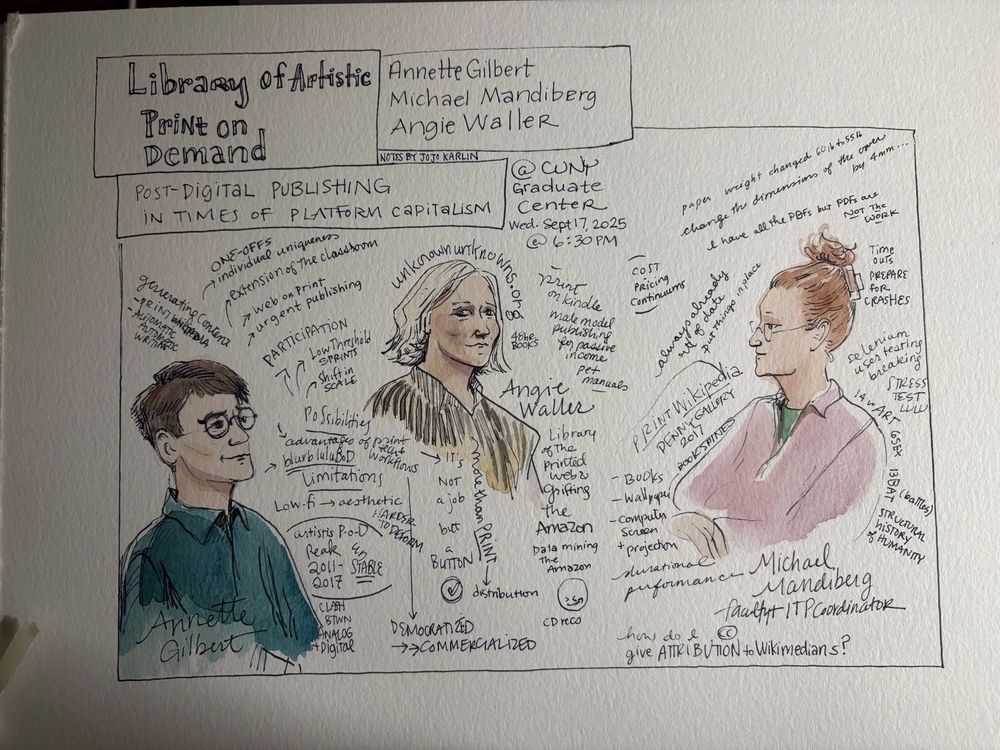 Closeup of three pen and watercolor portraits of the speakers with notes scribbled around about the Print on Demand presentations they gave. 