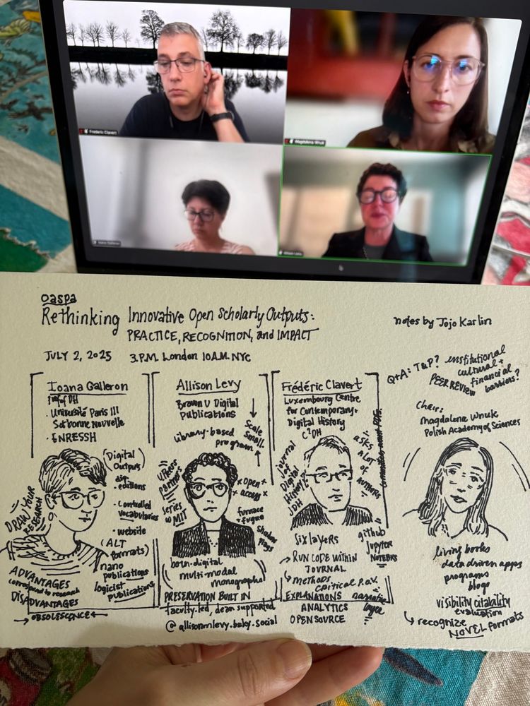 A hand holds a paper with four pen portraits in front of a zoom grid of four speakers: Ioana, Allison, Frederic, and Magdalena. 