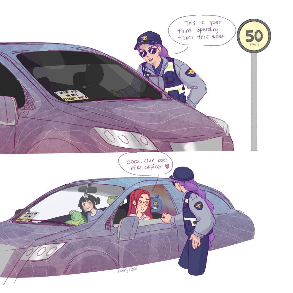 AU where rumi is a police officer while zoey and mira kept on speeding in their car just for rumi to pull them over and give them speeding tickets