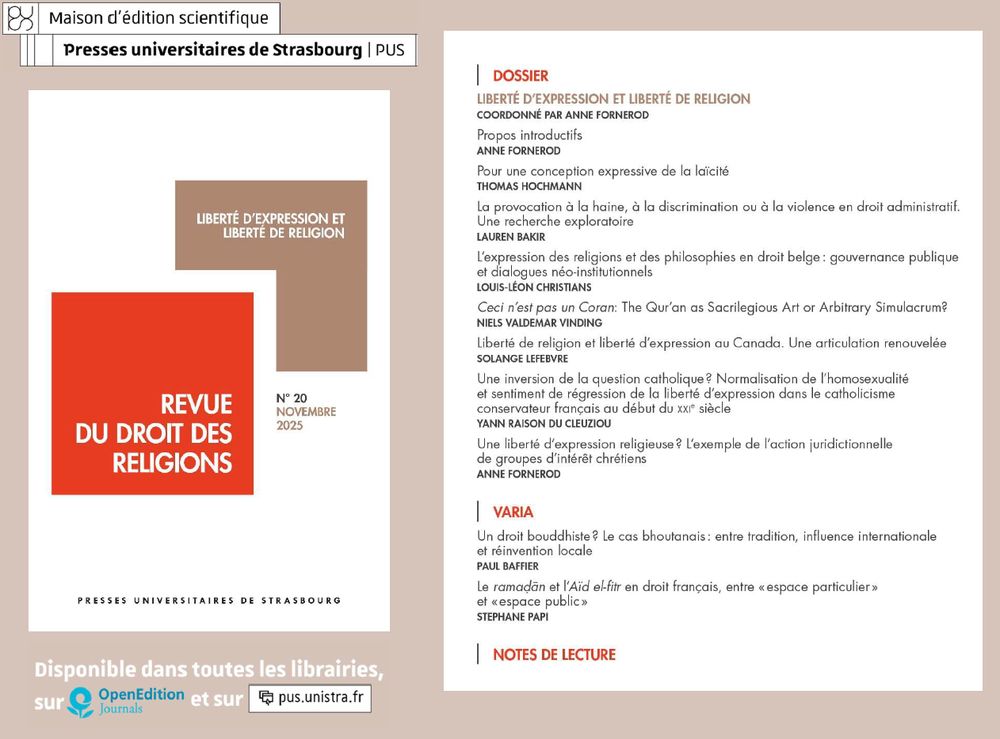 Couverture et sommaire du n°21 de la Revue du droit des religions