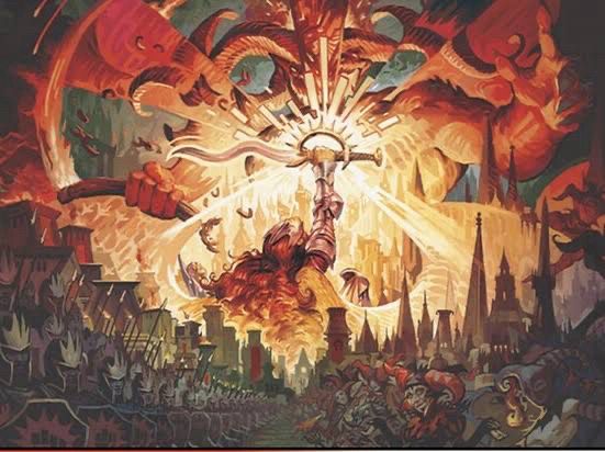 Art for the magic card Warleader Call. A drawing with two armies colliding with Aurelia the Angel in the second plane