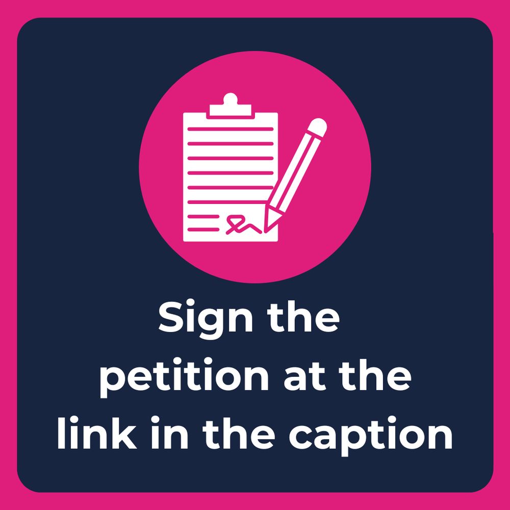 Graphic featuring a clipboard with a document and a pencil on a pink background, and text reading "Sign the petition at the link in the caption."