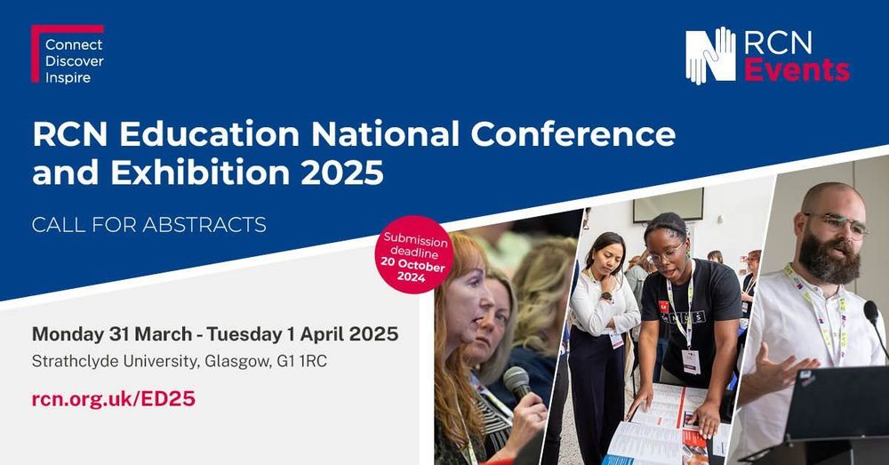 Promotional banner for the RCN Education National Conference and Exhibition 2025, featuring a diverse group of attendees and a call for abstracts. The event details and submission deadline are clearly displayed.