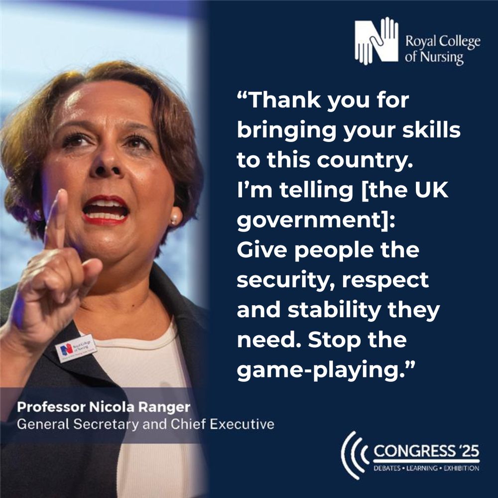 A quote card from Nicola Ranger: Thank you for bringing your skills to this country.  I’m telling [the UK government]: Give people the security, respect and stability they need. Stop the game playing.  