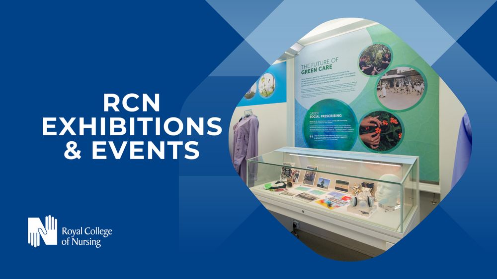 Display at an RCN Exhibitions & Events showing a curved glass case with various items and informational panels on The Future of Green Care.
