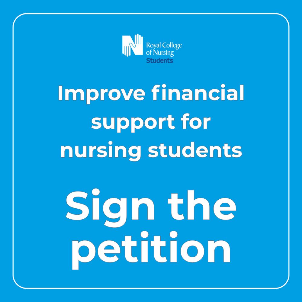 Image displaying the Royal College of Nursing Students logo with text encouraging support for nursing students and inviting them to sign the support register. The background is blue with white text.