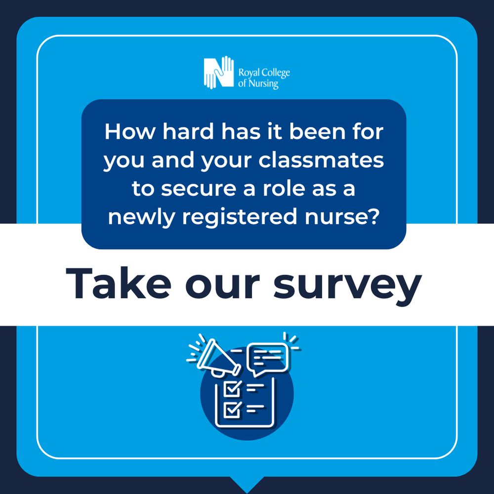 Royal College of Nursing graphic encouraging newly registered nurses to participate in a survey. Text reads 'How hard has it been for you & your classmates to secure a place as a newly registered nurse?' & includes a 'Take our survey' call to action.
