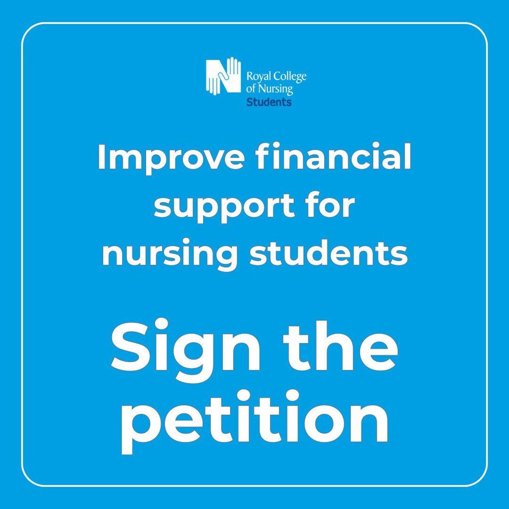 Image displaying the Royal College of Nursing Students logo with text encouraging support for nursing students and inviting them to sign the support register. The background is blue with white text.