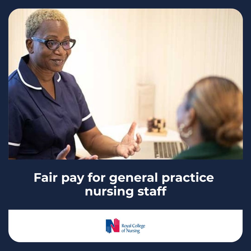 Photograph of a general practice nurse working. Text overlay says fair pay for general practice nursing staff