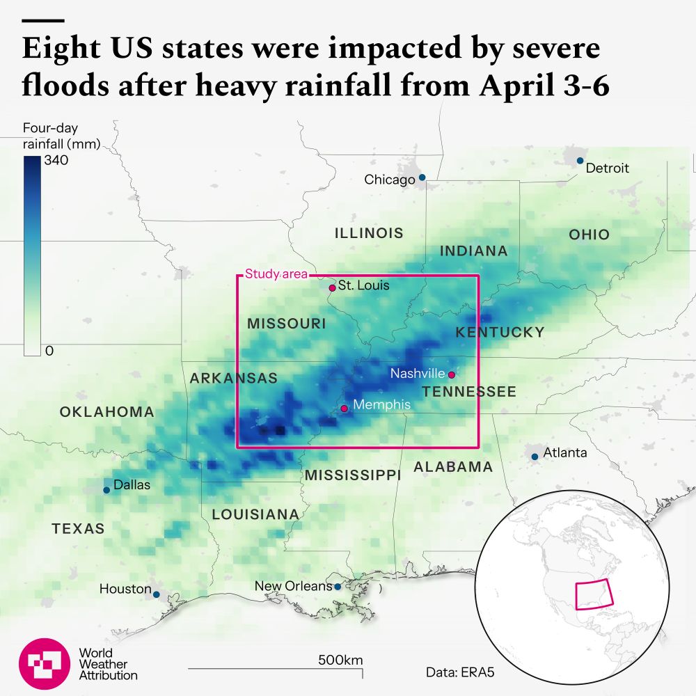 A map of very heavy rainfall over the Central Mississippi river valley between April 3rd and April 6th 2025