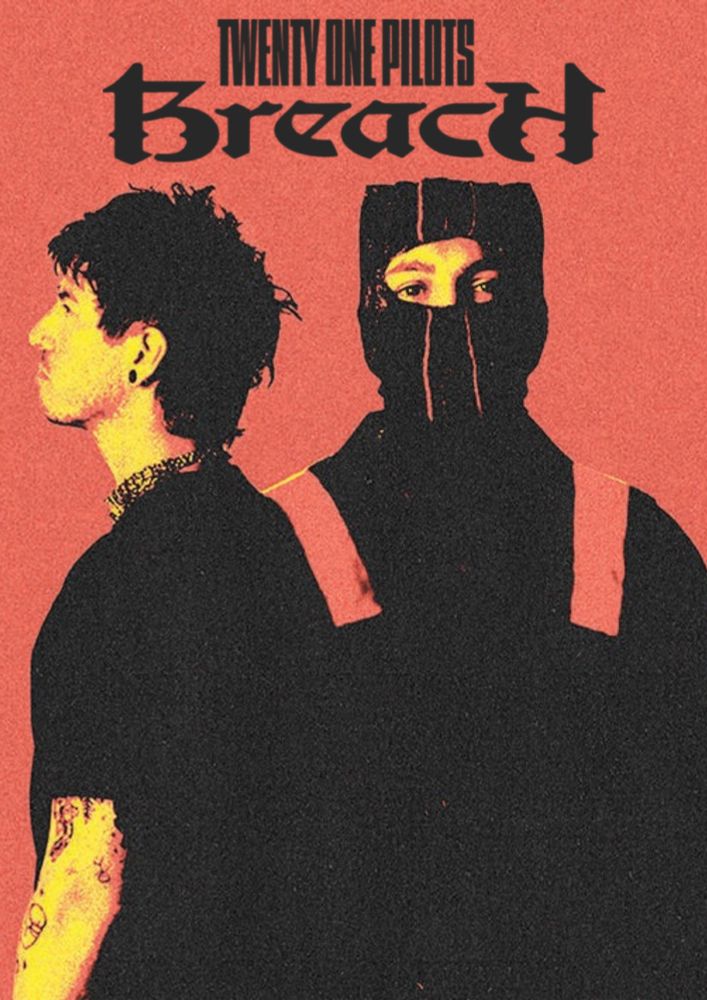 josh dun's and tyler joseph's silhouettes on a red background. The breach logo is above them