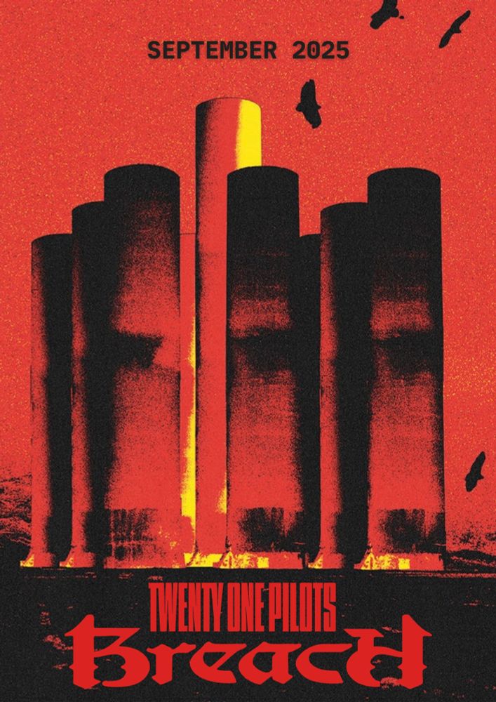 Red dema towers with circling black birds. Red breach logo at the bottom and "September 2025" at the top