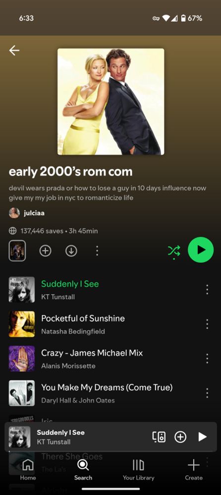 Screenshot of early 2000s romcom playlist on Spotify 