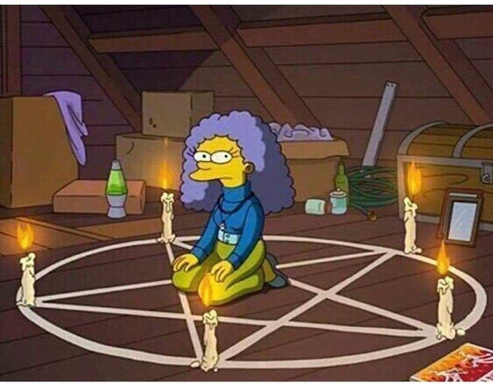 A Bouvier sister from the Simpsons kneeling on a pentagram with candles in an attic