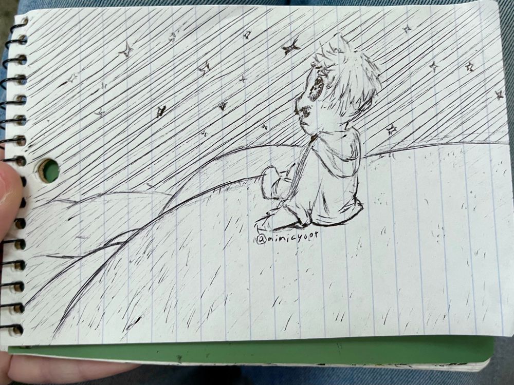 Ink doodle of a kid in a baggy sweater sitting atop a grassy hill, staring up at the stars with awe.