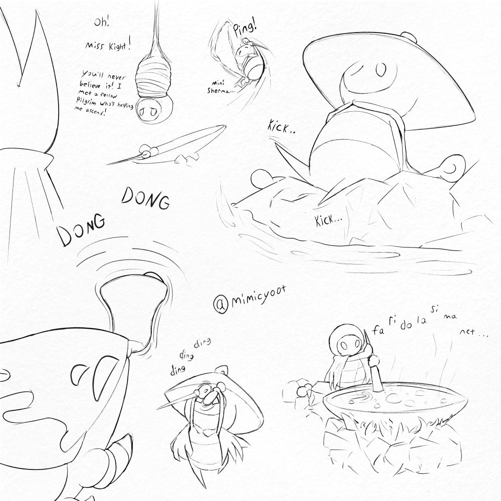 Sketch page containing various doodles of Sherma from Silksong, including her hung by a spider's cocoon, knocking her hat off from excitedly throwing her fist into the air too fast, kicking her feet at the edge of a creek, playing her bell for the Bell Beast and using her cymbal-like hat as a cooking pot.