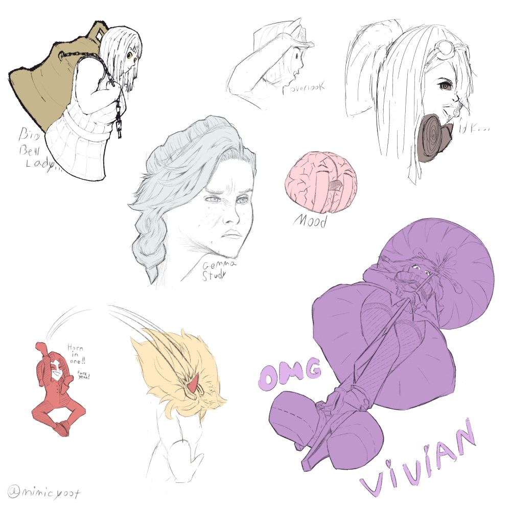 Various rough sketches of characters and character designs, including Vivian from Zenless Zone Zero, Gemma from Monster Hunter Wilds and several OCs.