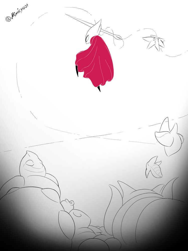 A drawing of Hornet from Hollow Knight, swinging by threads above an endless pit of bug enemies.